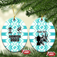 Blue ceramic oval rugby ornament with gold string, Champion 2023 and your text designs.