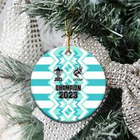 Blue ceramic rugby ornament round disc with gold string, champion 2023 text and SA Rugby logo.