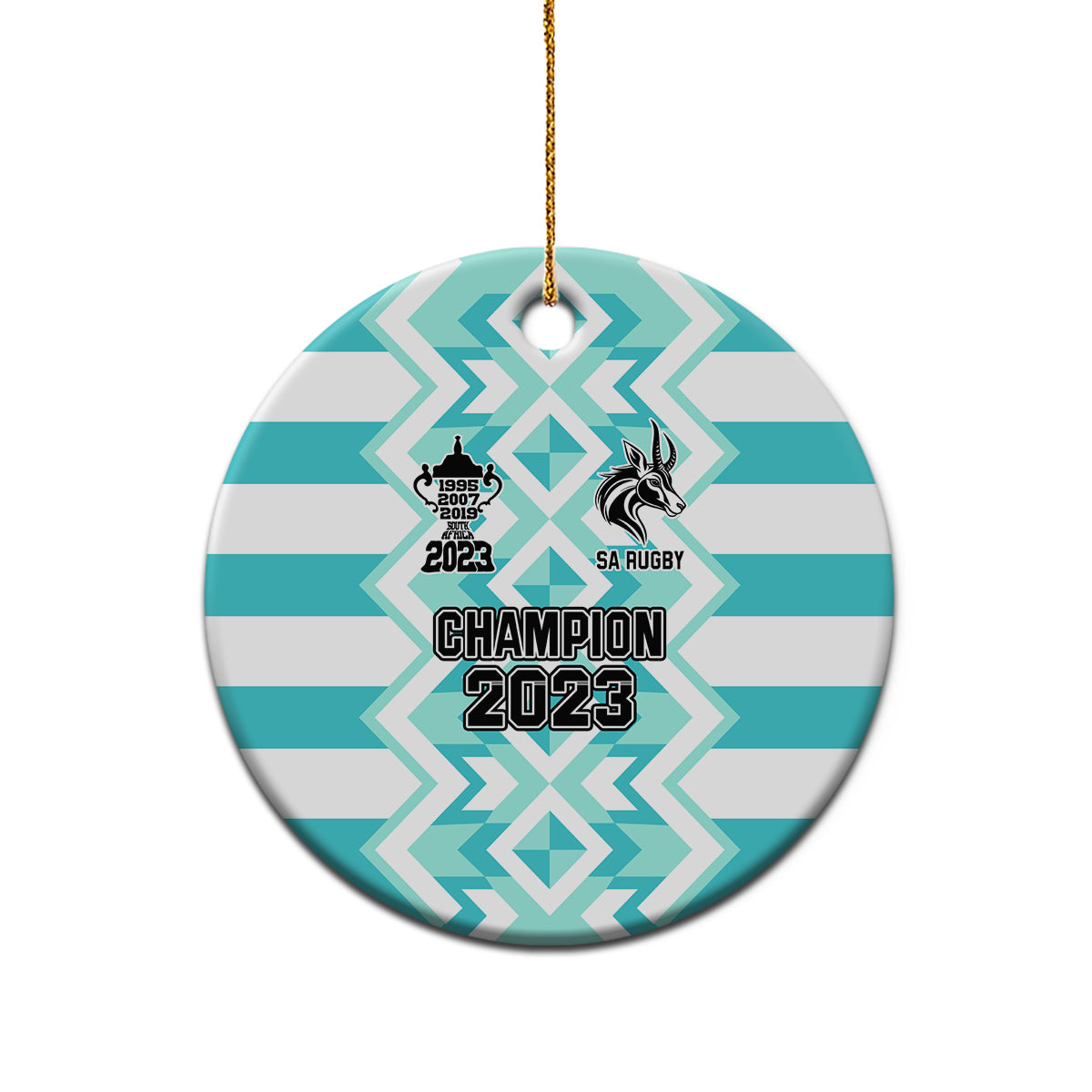 Blue ceramic round rugby ornament with gold string, Champion 2023 and SA Rugby badge.