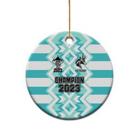 Blue ceramic round rugby ornament with gold string, Champion 2023 and SA Rugby badge.
