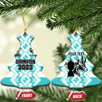 Blue ceramic rugby Christmas tree ornament with gold string, Champion 2023 and SA Rugby emblem.