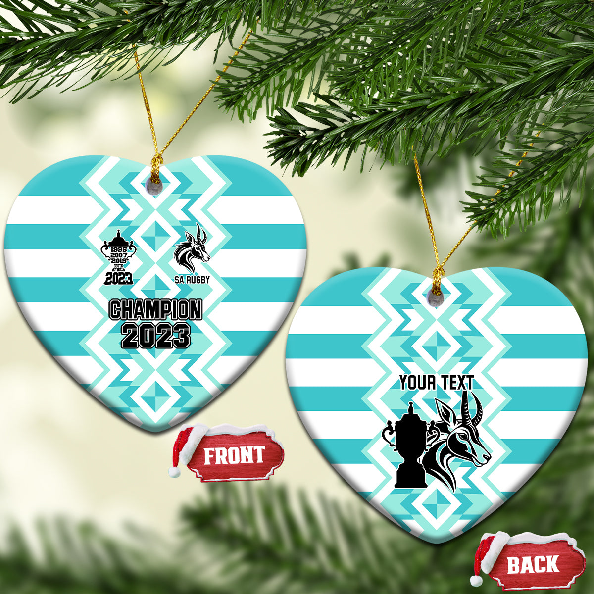 Blue ceramic rugby heart ornament with gold string, Champion 2023 on one side and your text.