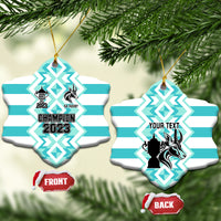Blue ceramic rugby snowflake ornament with gold string, Champion 2023 and SA Rugby logo.