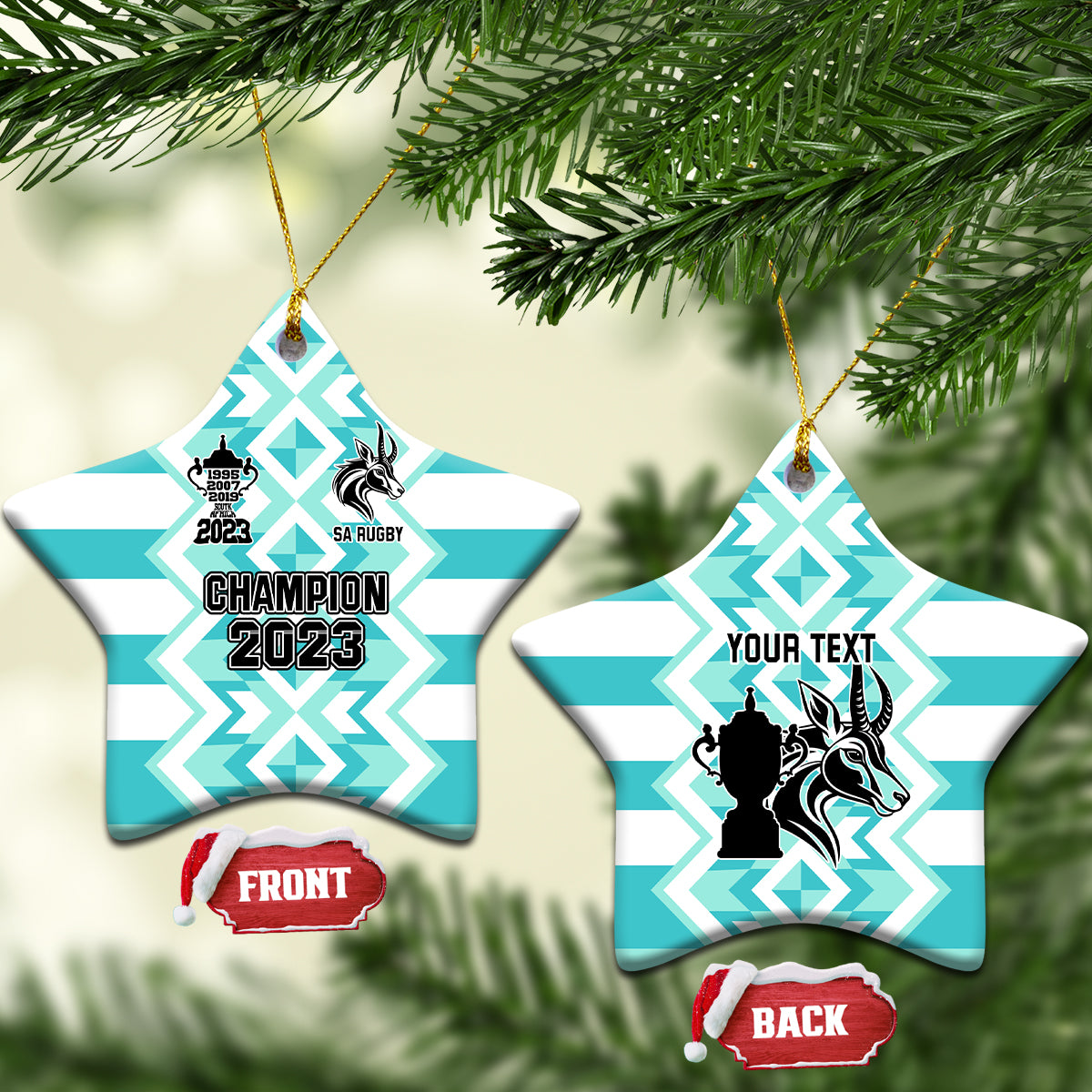 Blue ceramic rugby star ornament with gold string, Champion 2023 on one and your text on other.