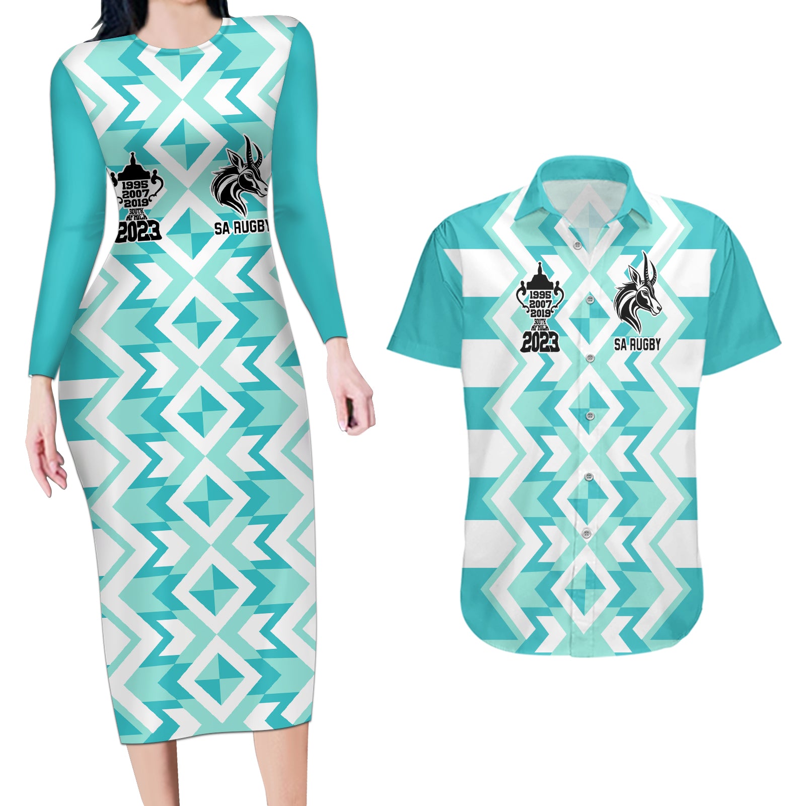 Personalised South Africa Rugby Couples Matching Long Sleeve Bodycon Dress and Hawaiian Shirt Commemorative World Cup Winners 2023 - Wonder Print Shop