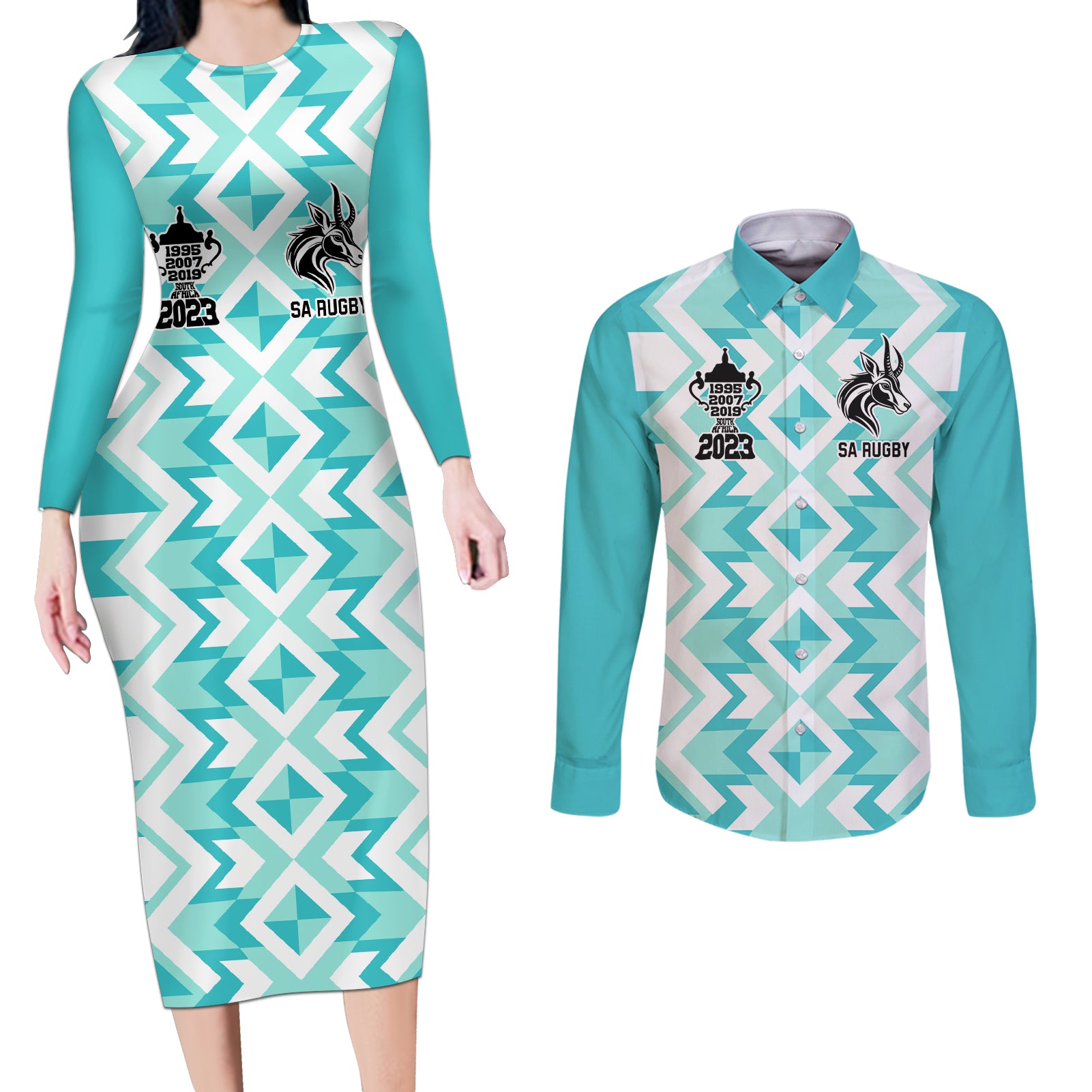 Personalised South Africa Rugby Couples Matching Long Sleeve Bodycon Dress and Long Sleeve Button Shirt Commemorative World Cup Winners 2023 - Wonder Print Shop