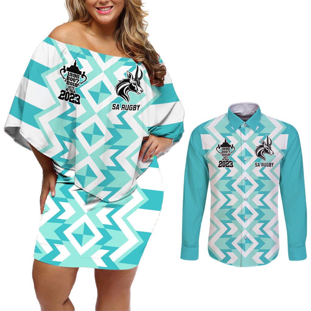 Personalised South Africa Rugby Couples Matching Off Shoulder Short Dress and Long Sleeve Button Shirt Commemorative World Cup Winners 2023 - Wonder Print Shop