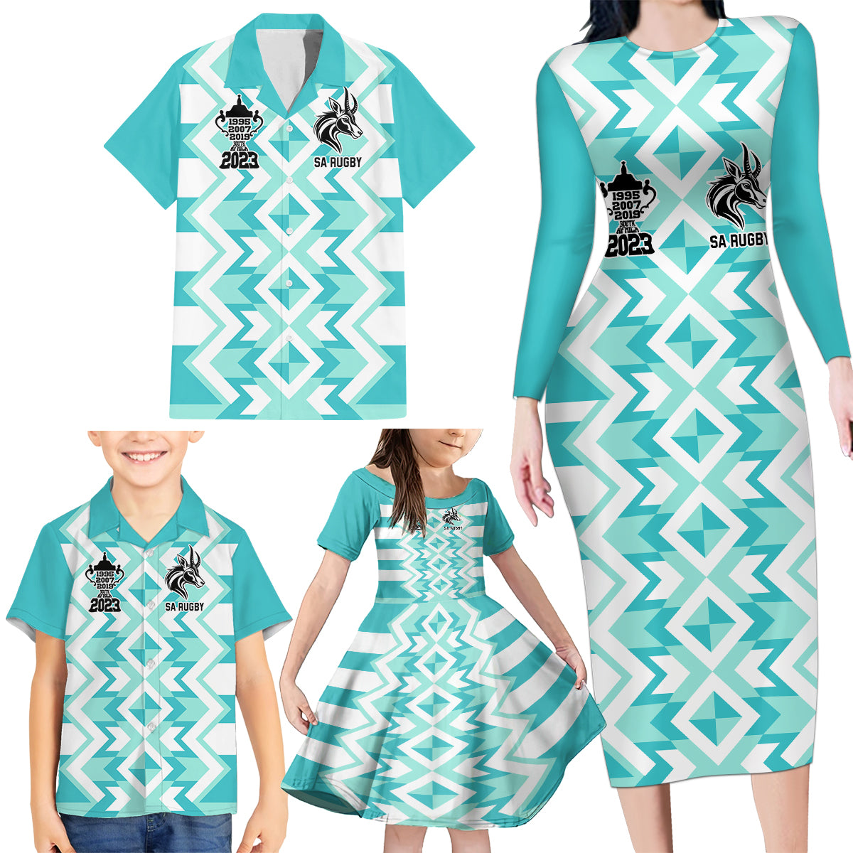 Personalised South Africa Rugby Family Matching Long Sleeve Bodycon Dress and Hawaiian Shirt Commemorative World Cup Winners 2023 - Wonder Print Shop