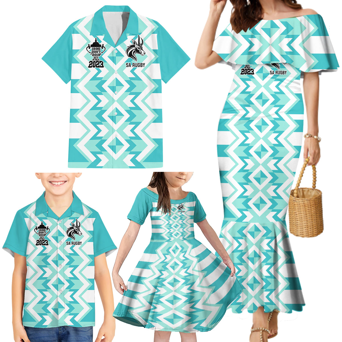 Personalised South Africa Rugby Family Matching Mermaid Dress and Hawaiian Shirt Commemorative World Cup Winners 2023 - Wonder Print Shop