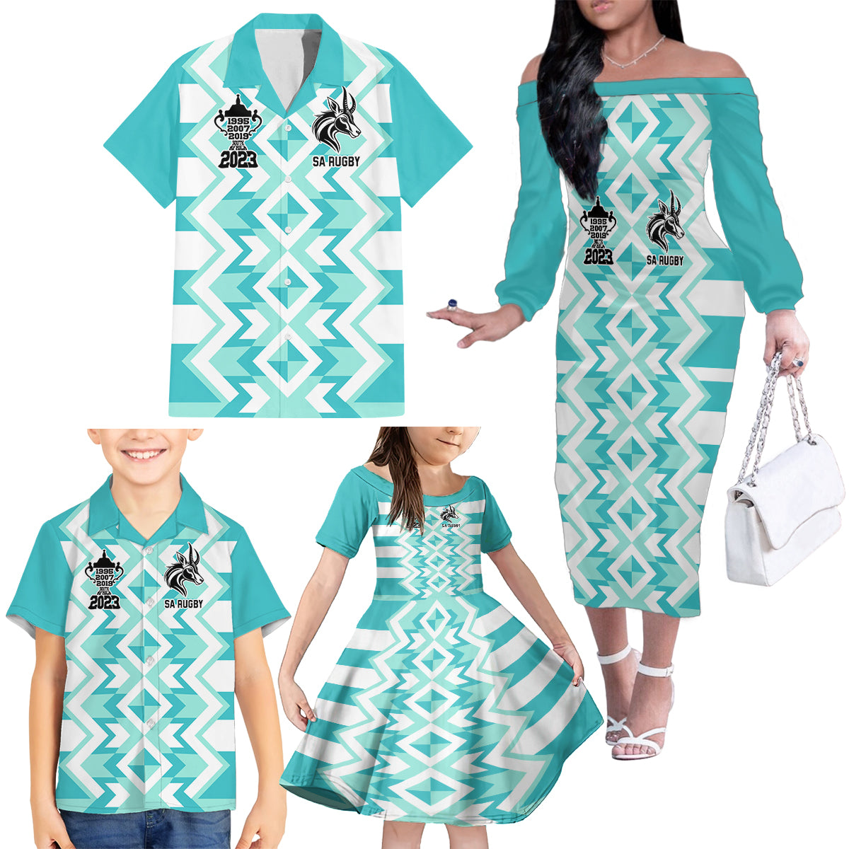 Personalised South Africa Rugby Family Matching Off Shoulder Long Sleeve Dress and Hawaiian Shirt Commemorative World Cup Winners 2023 - Wonder Print Shop