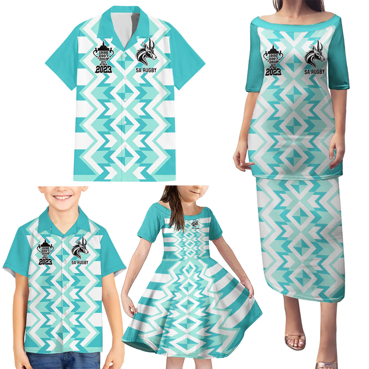 Personalised South Africa Rugby Family Matching Puletasi Dress and Hawaiian Shirt Commemorative World Cup Winners 2023 - Wonder Print Shop