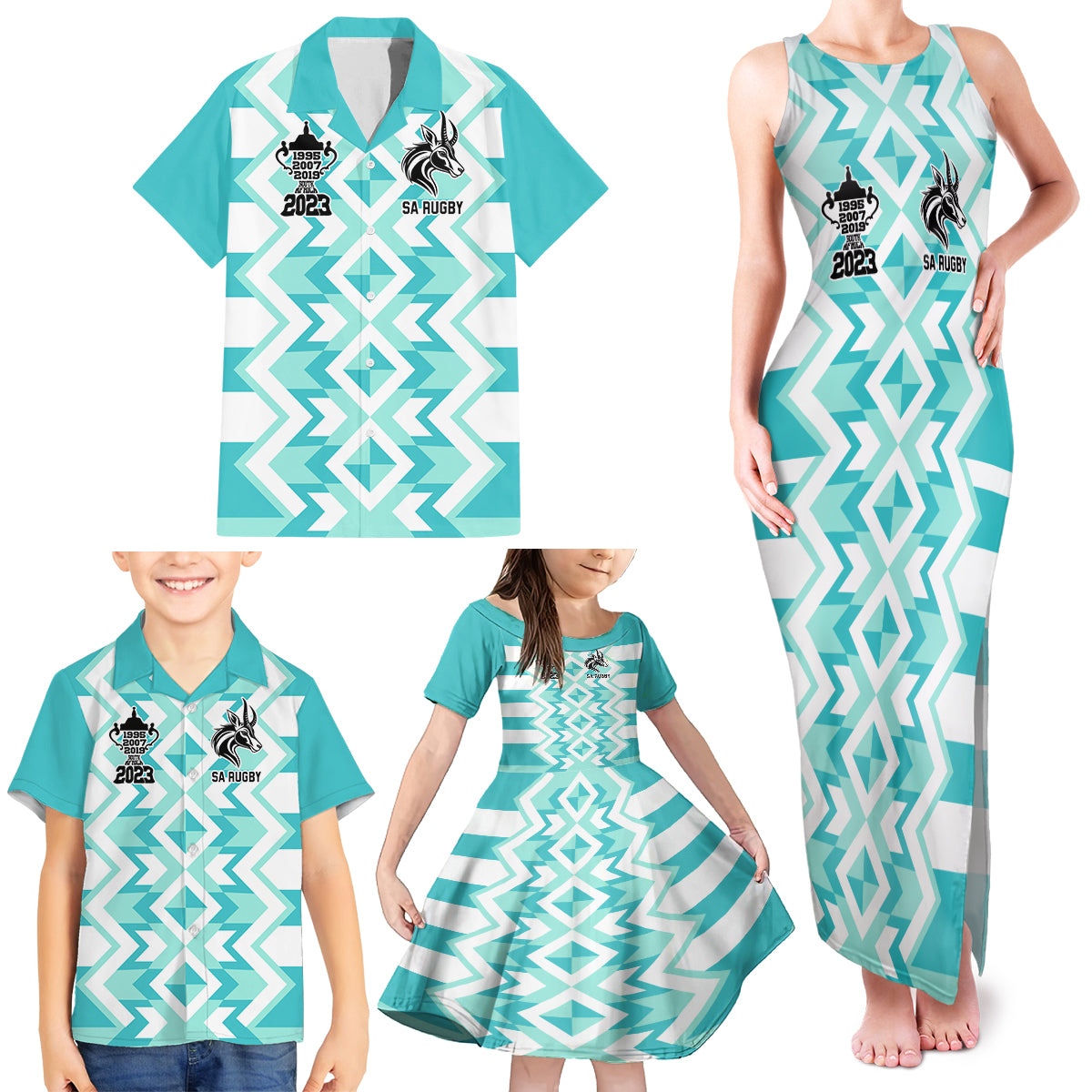 Personalised South Africa Rugby Family Matching Tank Maxi Dress and Hawaiian Shirt Commemorative World Cup Winners 2023 - Wonder Print Shop