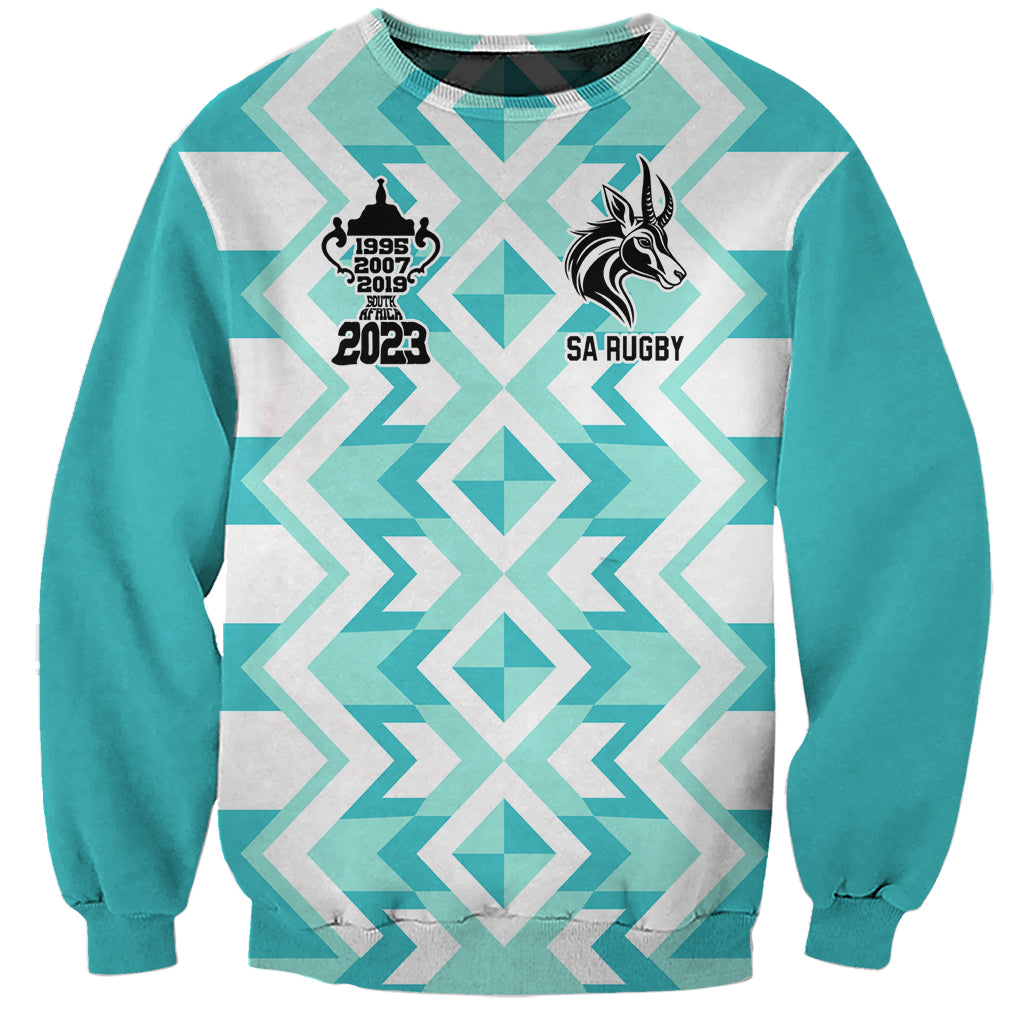 Personalized South Africa rugby sweatshirt, teal with white zigzag print and SA Rugby badge