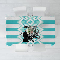 Personalized tablecloth in teal and white with geometric star pattern and bull graphic
