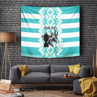 Personalized rugby tapestry with turquoise and white stripes and centered 'Your Text' panel
