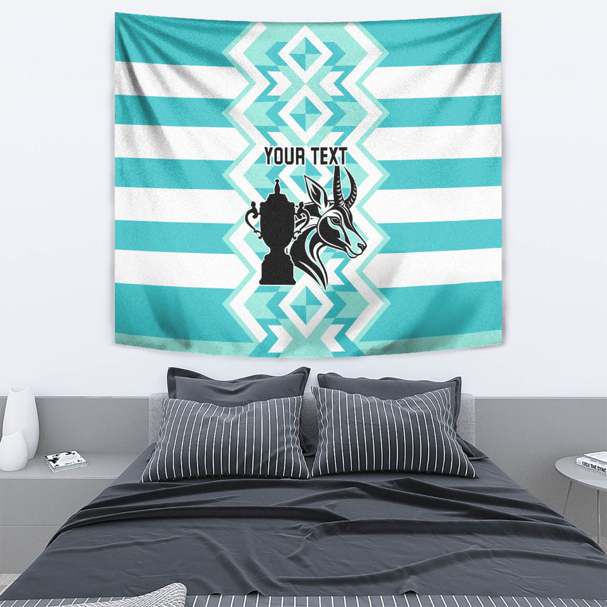 Turquoise and white striped rugby tapestry with central emblem and 'Your Text' wording