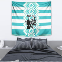 Turquoise and white striped rugby tapestry with central emblem and 'Your Text' wording