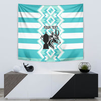 Turquoise and white striped personalized rugby tapestry with 'Your Text' and emblem center