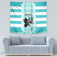Turquoise and white striped rugby tapestry with central lion emblem and 'Your Text'