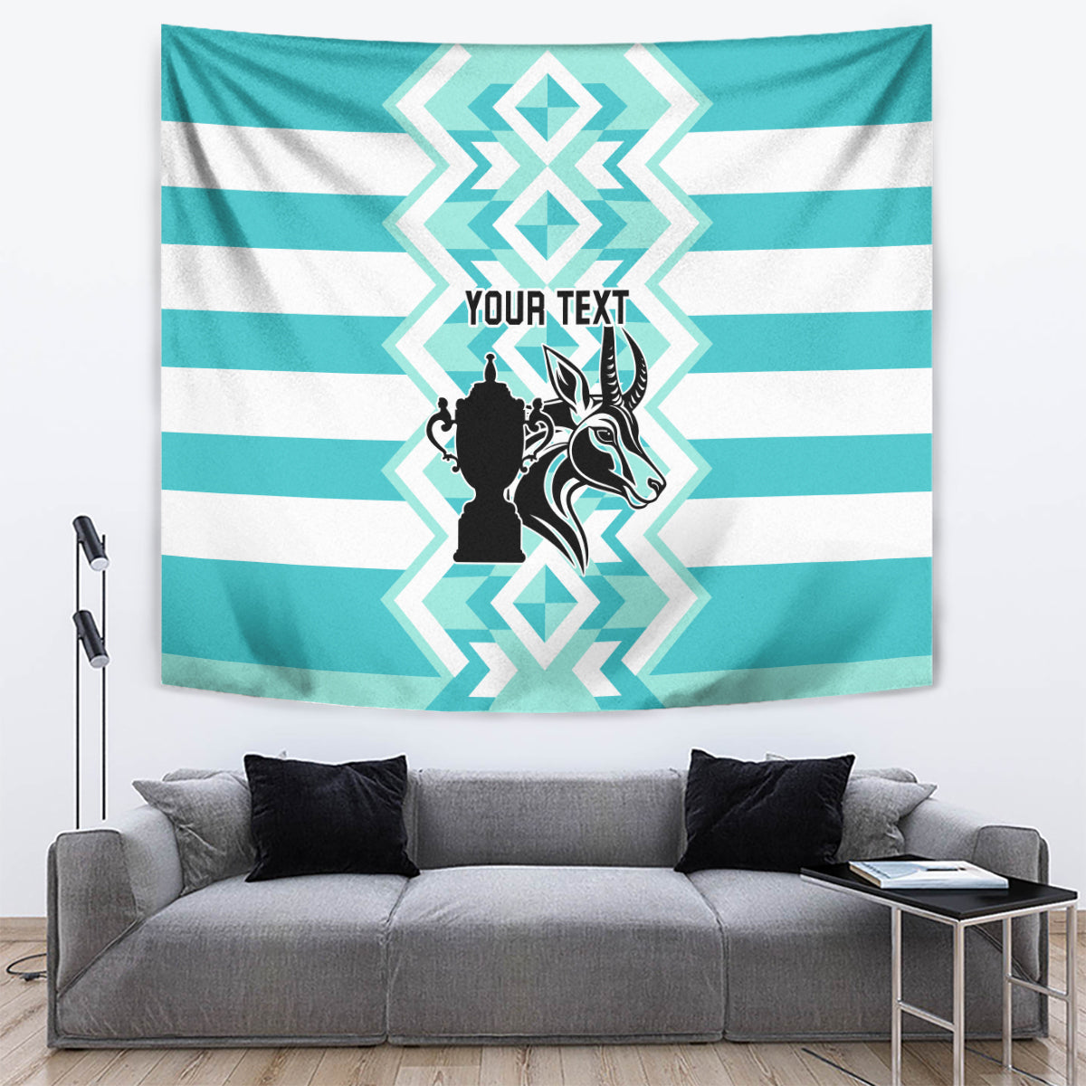 Turquoise and white rugby tapestry with centered 'Your Text' and graphic emblem