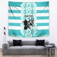 Turquoise and white rugby tapestry with centered 'Your Text' and graphic emblem