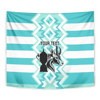 Turquoise and white striped personalized rugby tapestry with 'Your Text' and emblem