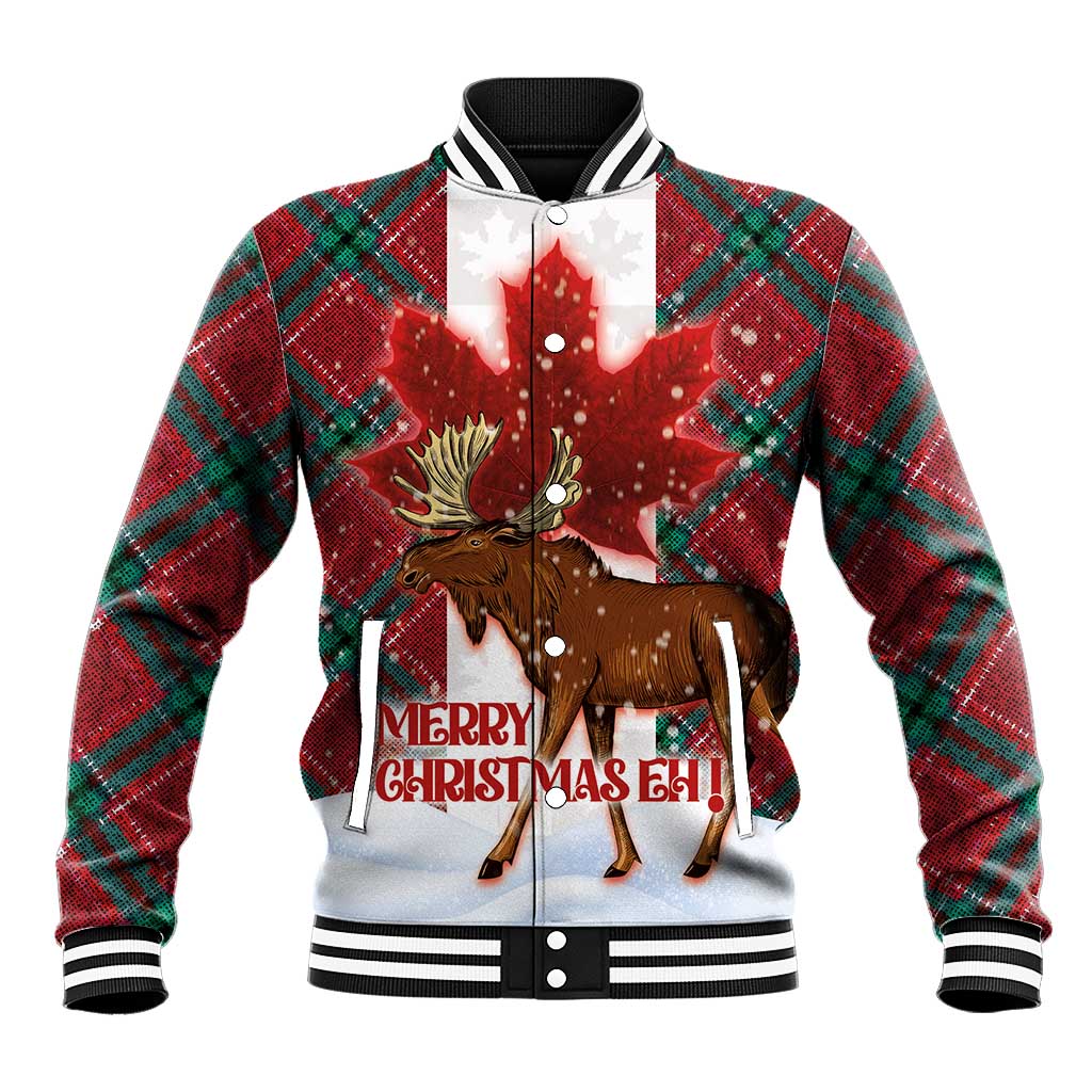 Unisex baseball jacket in red plaid with striped ribbed collar, moose & maple graphic