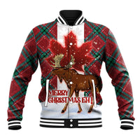 Unisex baseball jacket in red plaid with striped ribbed collar, moose & maple graphic