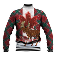 Unisex baseball jacket back in red plaid, striped ribbed hem, moose Christmas graphic