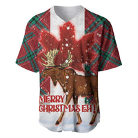 Canadian Christmas baseball jersey in red plaid with moose graphic and “Merry Christmas Eh!” text
