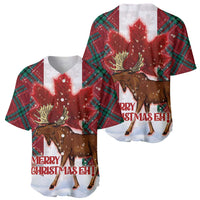 Canadian Christmas baseball jersey with red plaid moose graphic, shown in two front views