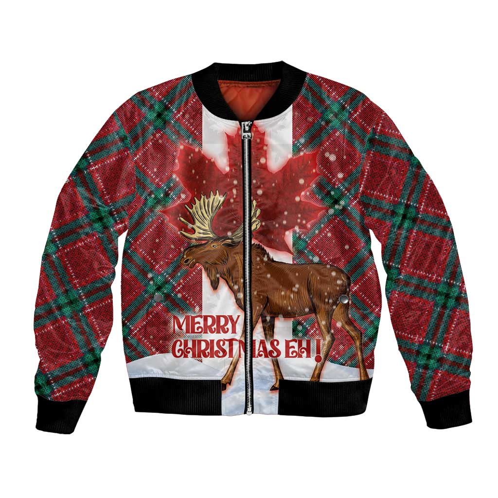 Unisex red bomber jacket with green plaid sleeves, moose graphic, and central zipper