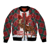 Unisex red bomber jacket with green plaid sleeves, moose graphic, and central zipper