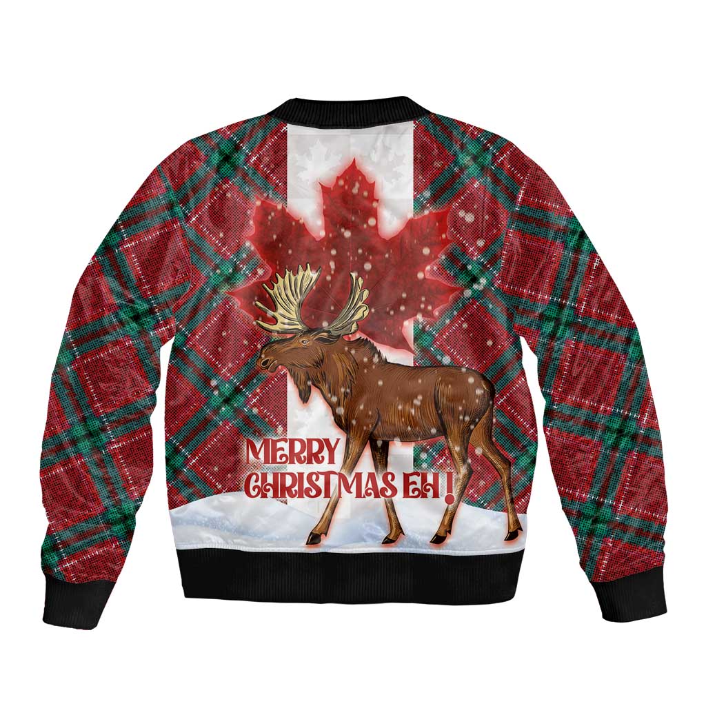 Unisex bomber jacket with moose graphic and 'MERRY CHRISTMASEH!' text, plaid red sleeves