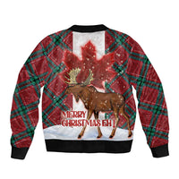 Unisex bomber jacket with moose graphic and 'MERRY CHRISTMASEH!' text, plaid red sleeves