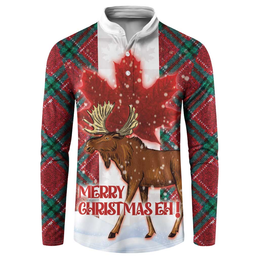 Red hooded button sweatshirt with plaid sleeves, moose and maple holiday graphic.