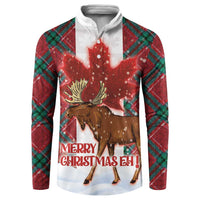 Red hooded button sweatshirt with plaid sleeves, moose and maple holiday graphic.