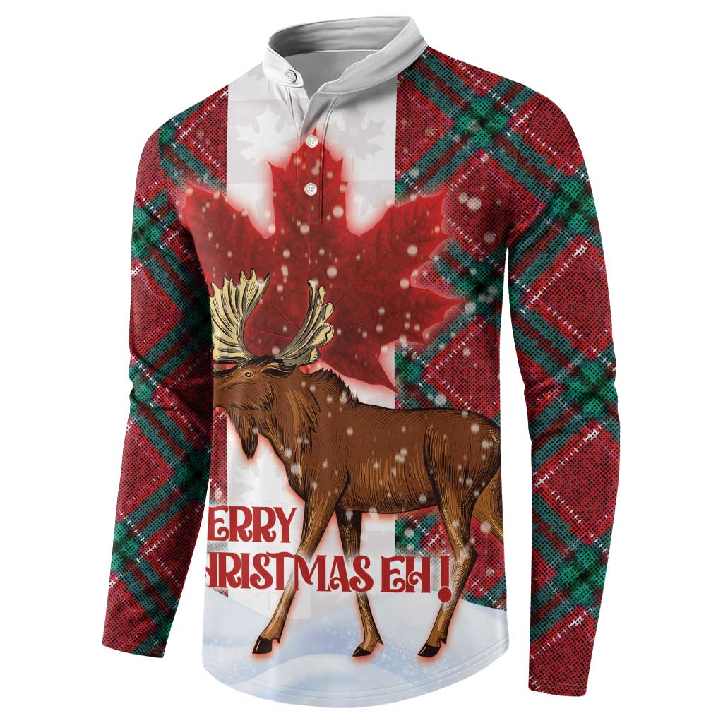 Red hooded button sweatshirt with moose-and-maple holiday graphic, plaid sleeves.