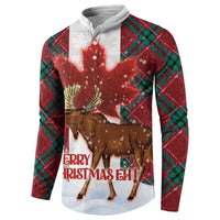 Red hooded button sweatshirt with moose-and-maple holiday graphic, plaid sleeves.