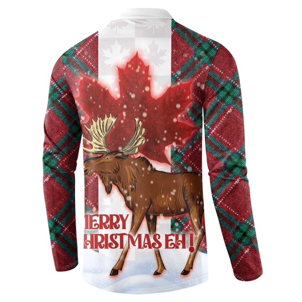 Red hooded button sweatshirt back with moose-and-maple holiday graphic and plaid sleeves.