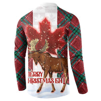 Red hooded button sweatshirt back with moose-and-maple holiday graphic and plaid sleeves.