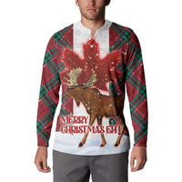 Red hooded button sweatshirt on model with moose-and-maple holiday graphic, plaid sleeves.