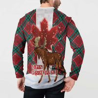 Red hooded button sweatshirt back on model with moose-and-maple holiday graphic, plaid sleeves.