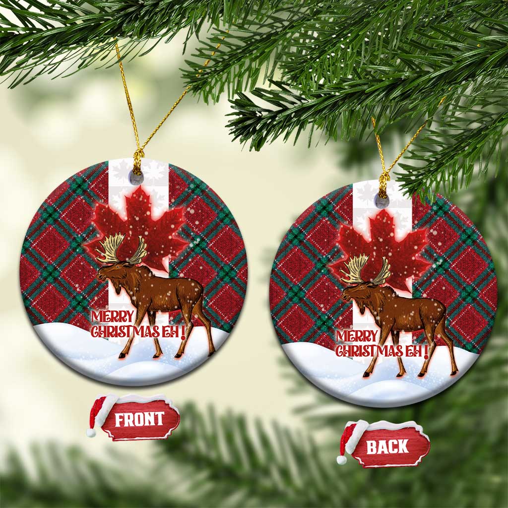 Round red ceramic Christmas ornament with moose and plaid maple leaf, gold hanging loop
