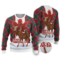 Ugly Christmas sweater with moose graphic, plaid sleeves, and 'Merry Christmas Eh!'