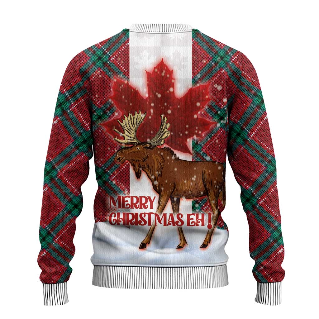 Ugly Christmas sweater back: moose and plaid panels with 'Merry Christmas Eh!' text