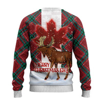 Ugly Christmas sweater back: moose and plaid panels with 'Merry Christmas Eh!' text