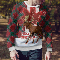 Ugly Christmas sweater close-up: moose graphic and 'Merry Christmas Eh!' on red knit
