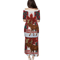 Back view off-shoulder long dress with red plaid moose and maple print