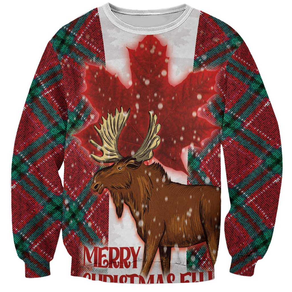 Unisex red crewneck sweatshirt with moose and Merry Christmas graphic, plaid sleeves